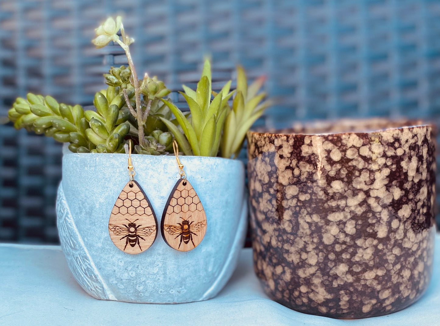 Birchwood Engraved Bee Pecan-Stained Tear Drop Earrings
