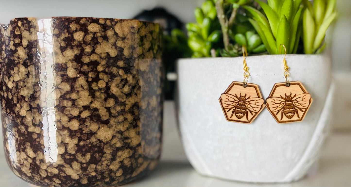 Birchwood Pecan Stained and Laser-Engraved Bee Earrings