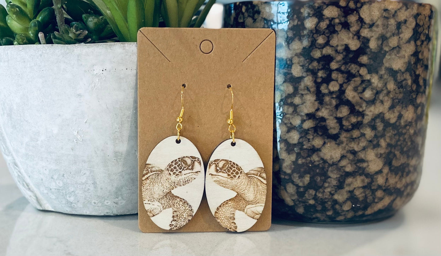 Laser Cut Birchwood Turtle Earrings