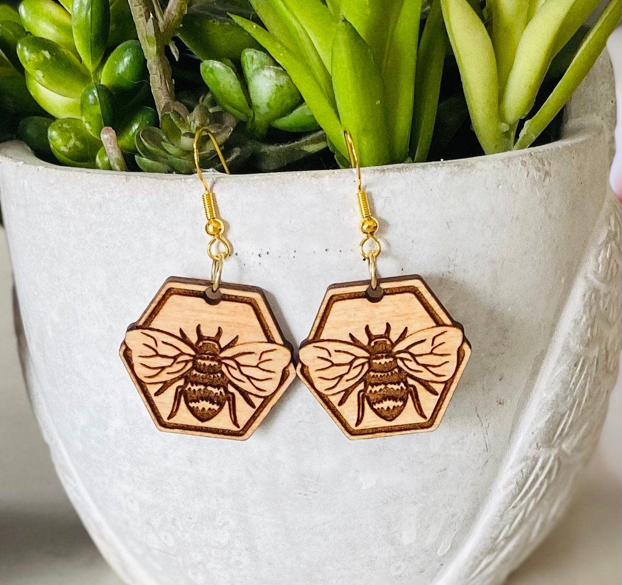 Birchwood Pecan Stained and Laser-Engraved Bee Earrings
