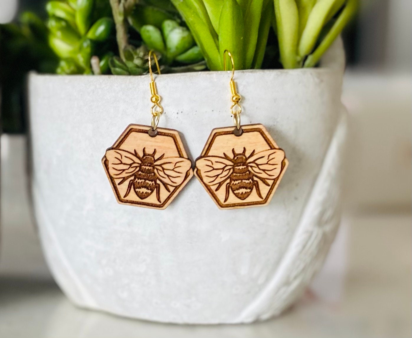 Birchwood Pecan Stained and Laser-Engraved Bee Earrings