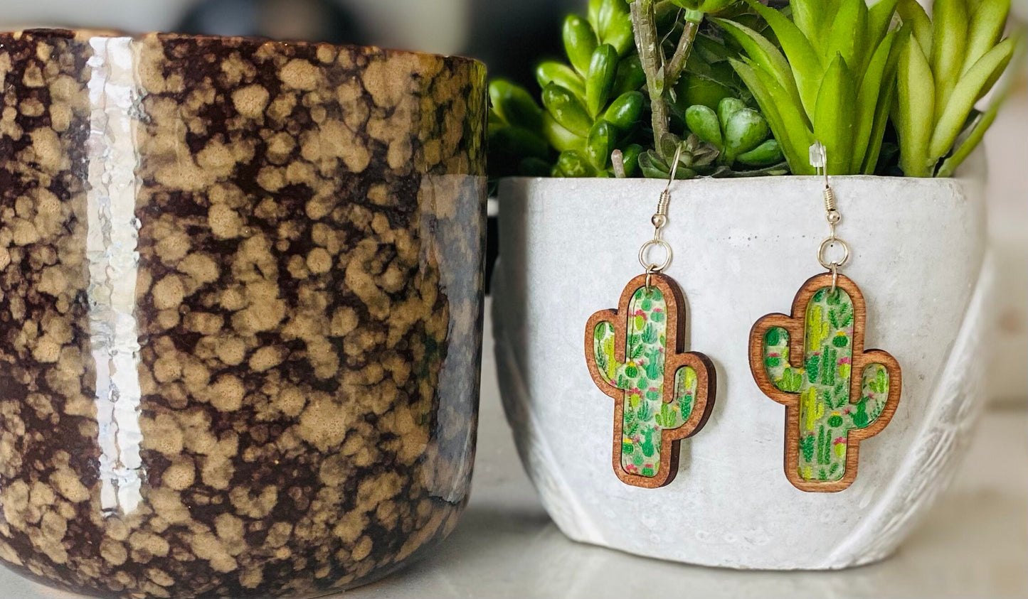 Laser Cut Birch Cactus Earrings With Patterned Acrylic Inlay