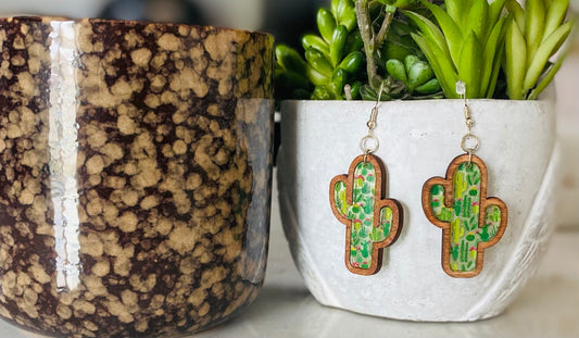 Laser Cut Birch Cactus Earrings With Patterned Acrylic Inlay