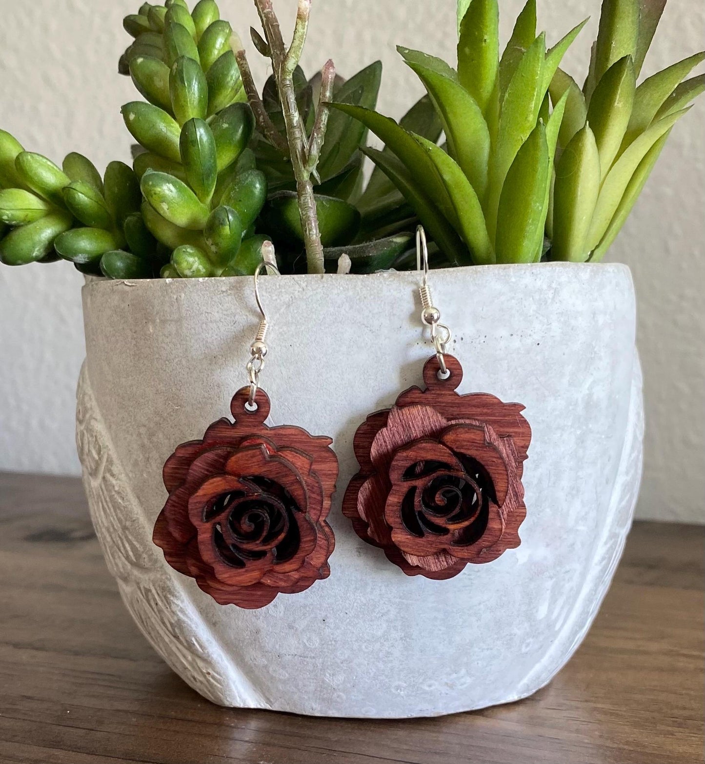 3-Dimensional Birchwood Laser Engraved Rose Floral Handmade Earrings