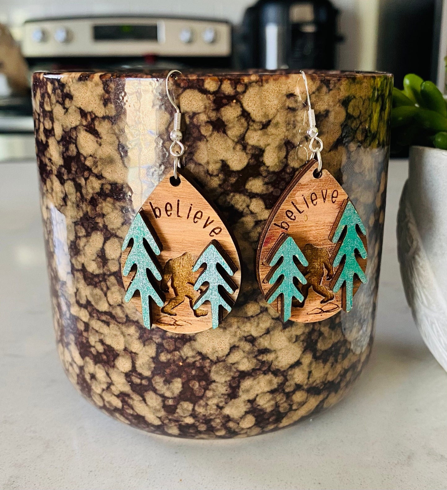 Big Foot Tear Drop Laser Cut and Engraved Earrings