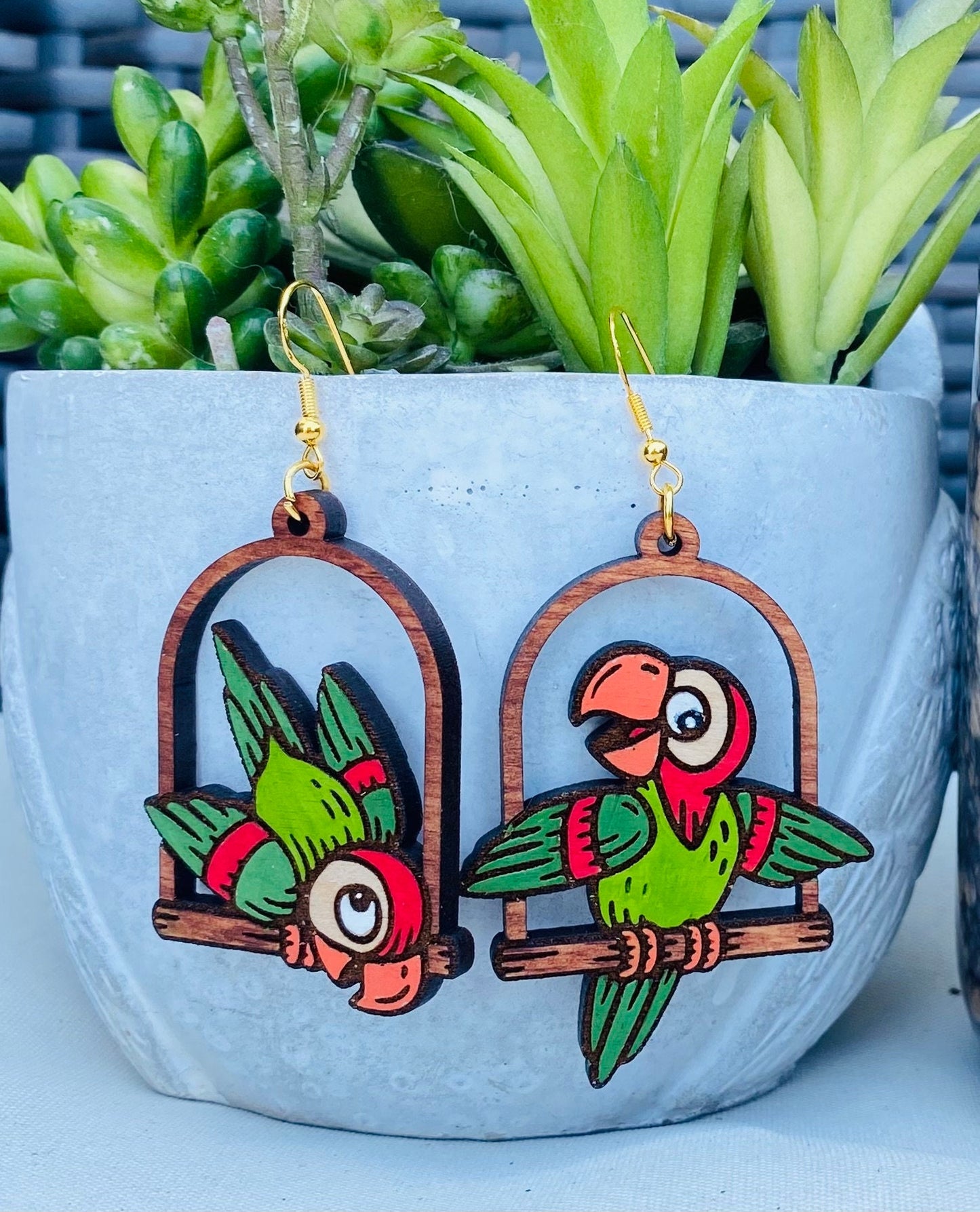 Birch Wood Laser Cut Parrot Earrings