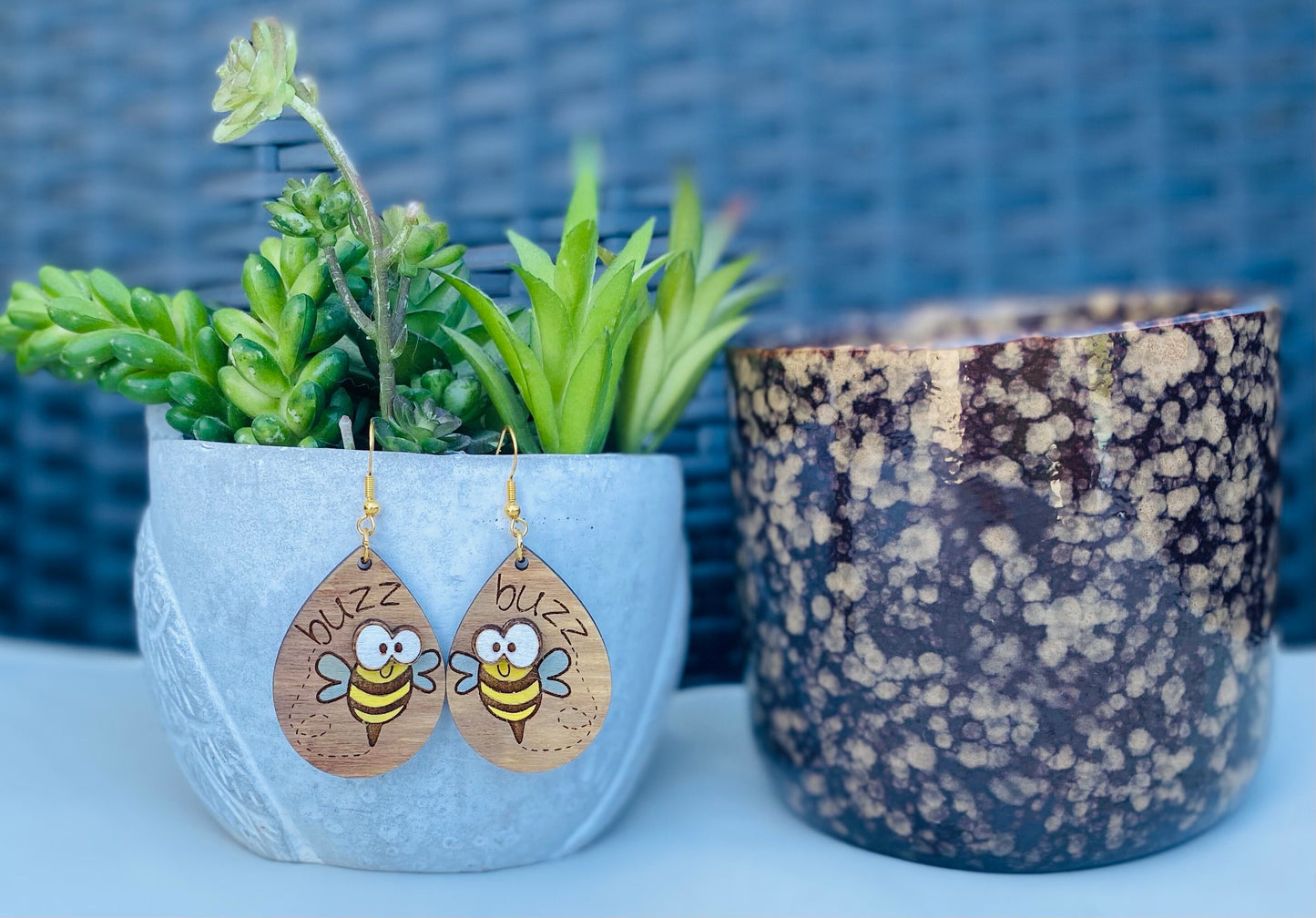 Buzzing Bees Tear Drop Laser Engraved, Hand-Painted Earrings