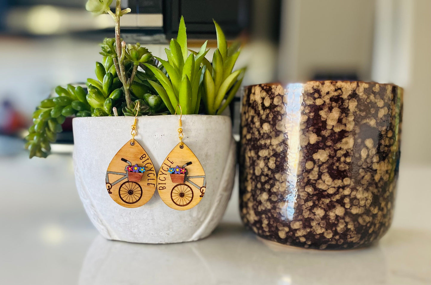 Birchwood Laser Cut Bicycle Spring/Summer Tear Drop Hand Painted Earrings