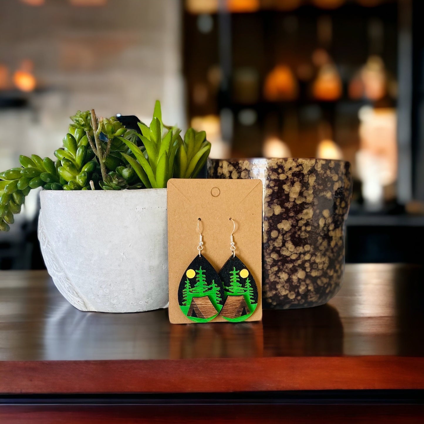 Laser Cut Tear Drop Hand-Painted Birchwood Earrings- Camping, Starry Night, Nature, Sparkling Night