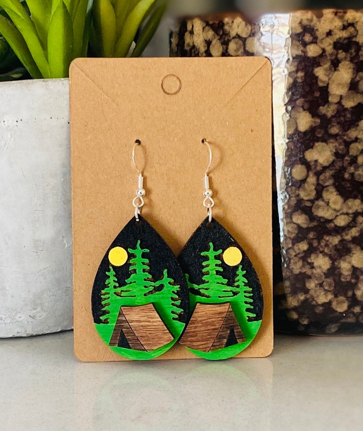 Laser Cut Tear Drop Hand-Painted Birchwood Earrings- Camping, Starry Night, Nature, Sparkling Night