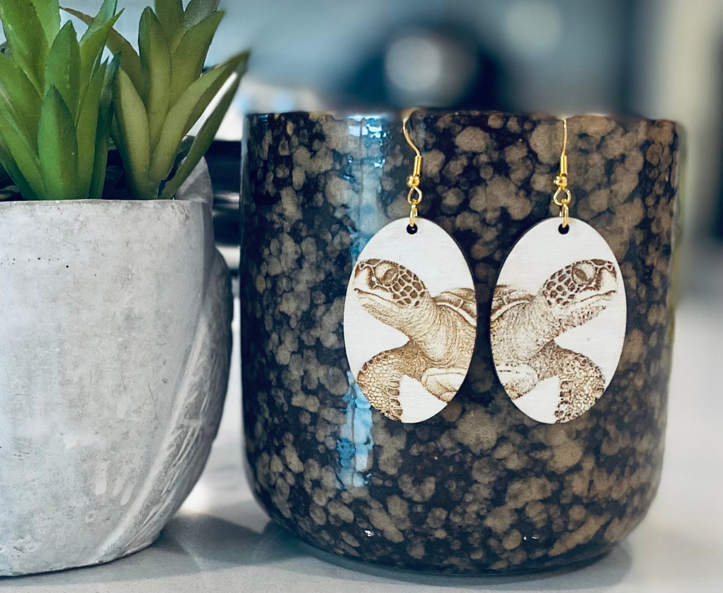 Laser Cut Birchwood Turtle Earrings
