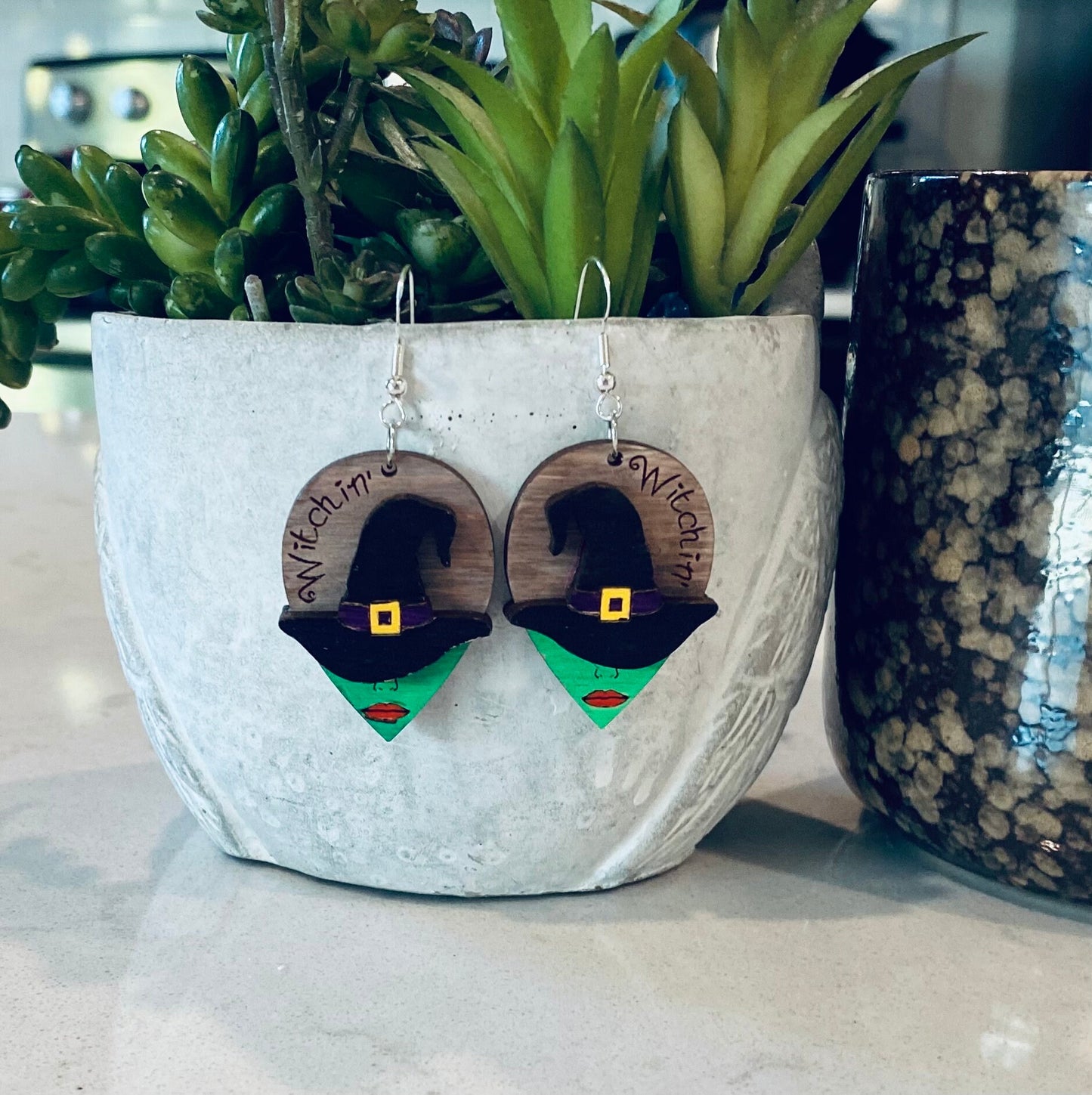 Halloween Witch Birchwood Laser Cut Hand-Painted Earrings