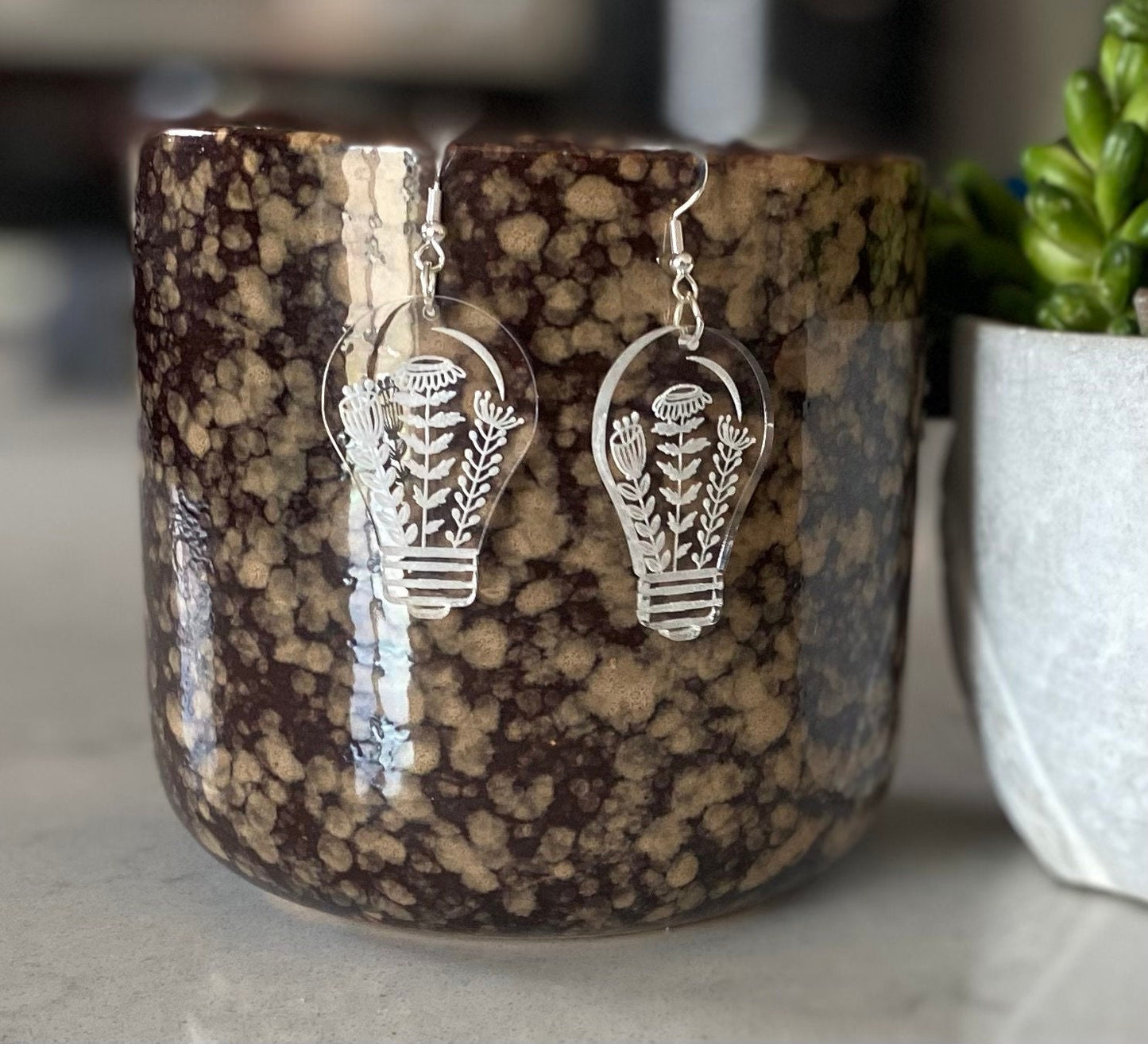 Floral Engraved Clear Acrylic Light Bulb Earrings