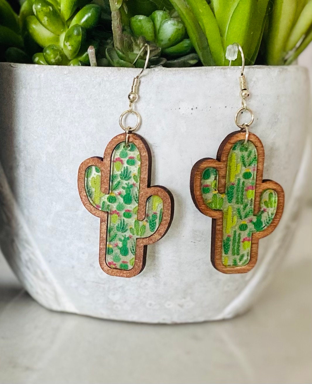 Laser Cut Birch Cactus Earrings With Patterned Acrylic Inlay