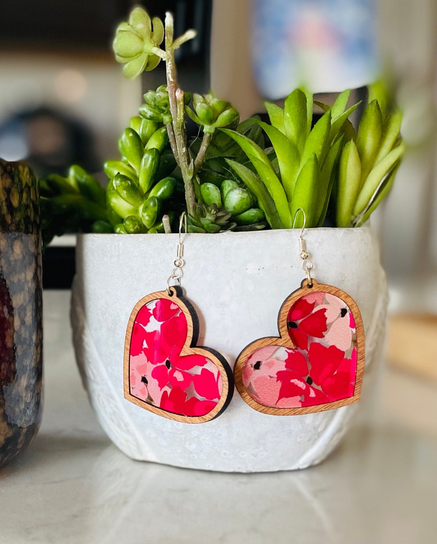 Laser-Cut Heart Earrings with Floral Acrylic Inlay