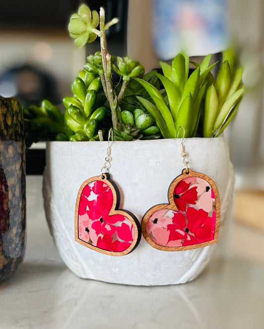Laser-Cut Heart Earrings with Floral Acrylic Inlay