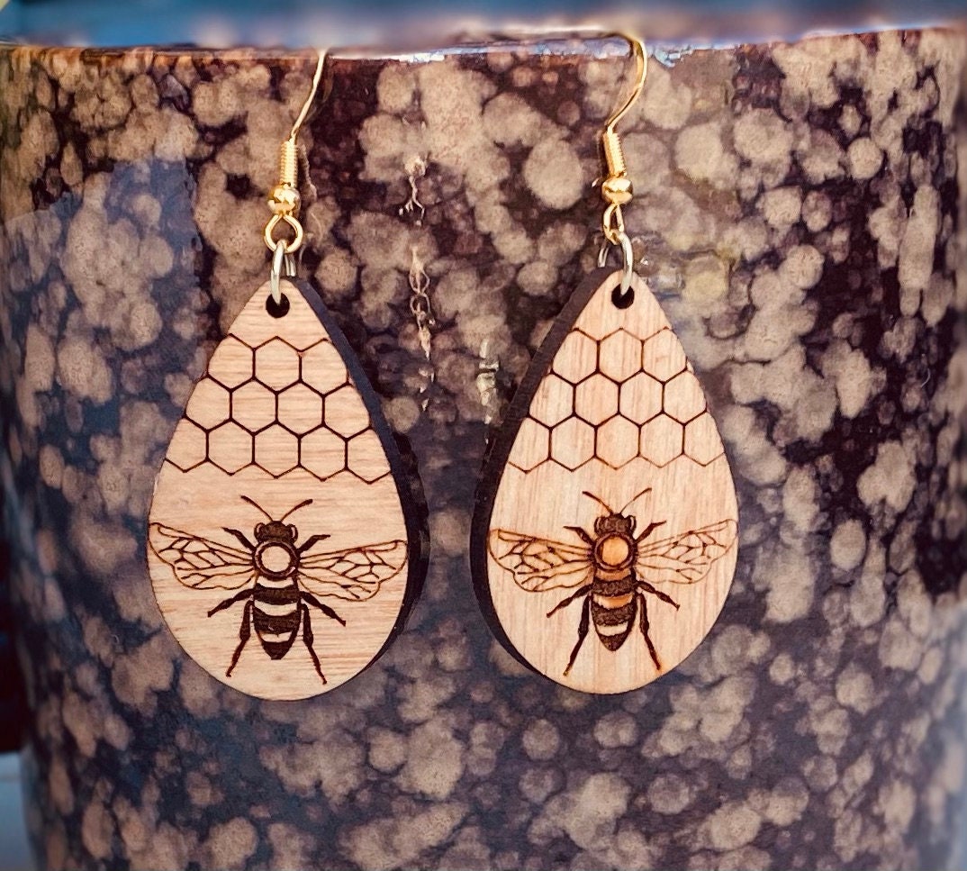 Birchwood Engraved Bee Pecan-Stained Tear Drop Earrings