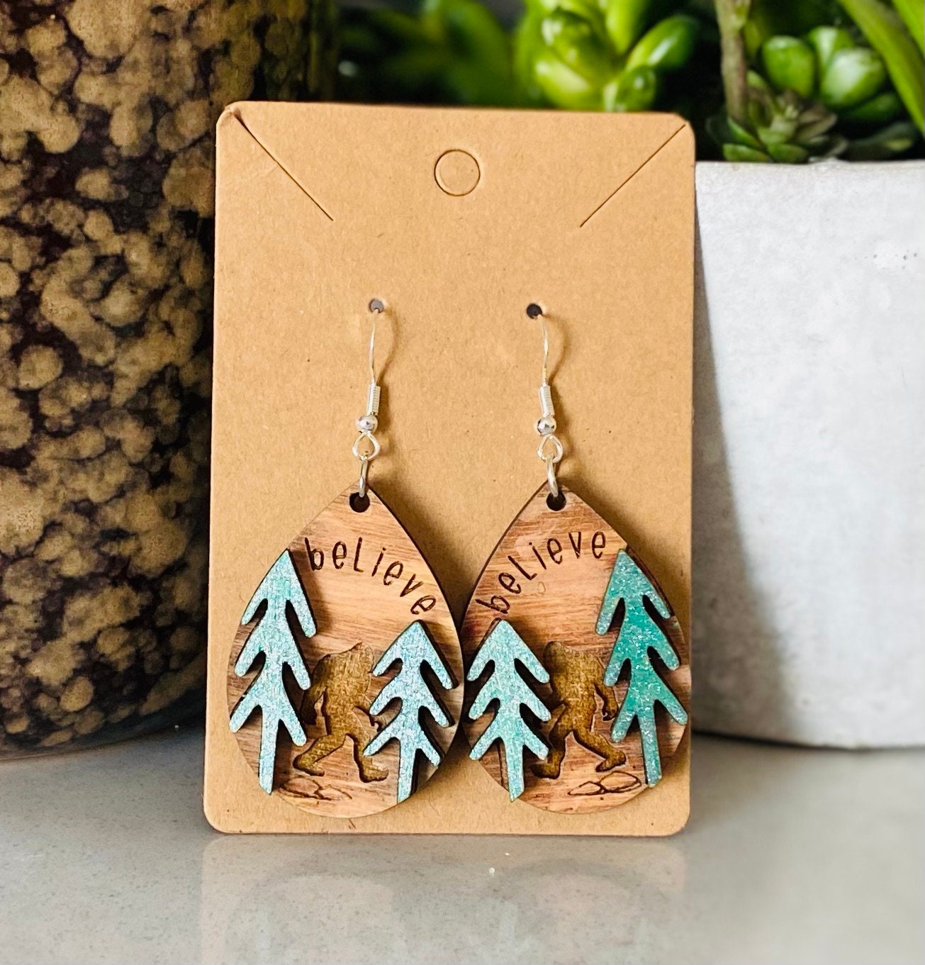 Big Foot Tear Drop Laser Cut and Engraved Earrings