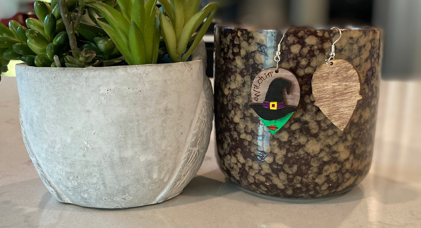 Halloween Witch Birchwood Laser Cut Hand-Painted Earrings