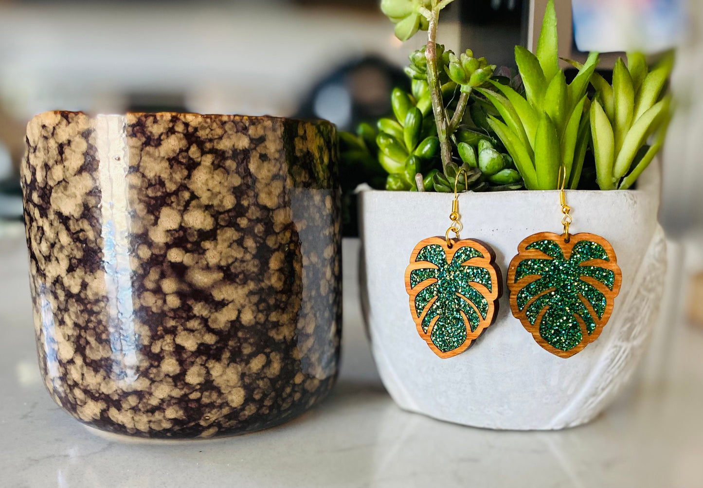 Pecan Stained Birch Wood Laser-Cut Earrings with Green Acrylic Inlay