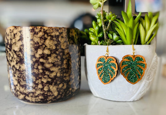 Pecan Stained Birch Wood Laser-Cut Earrings with Green Acrylic Inlay