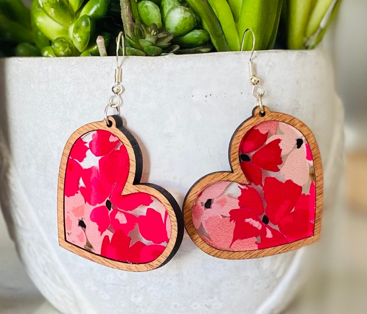 Laser-Cut Heart Earrings with Floral Acrylic Inlay