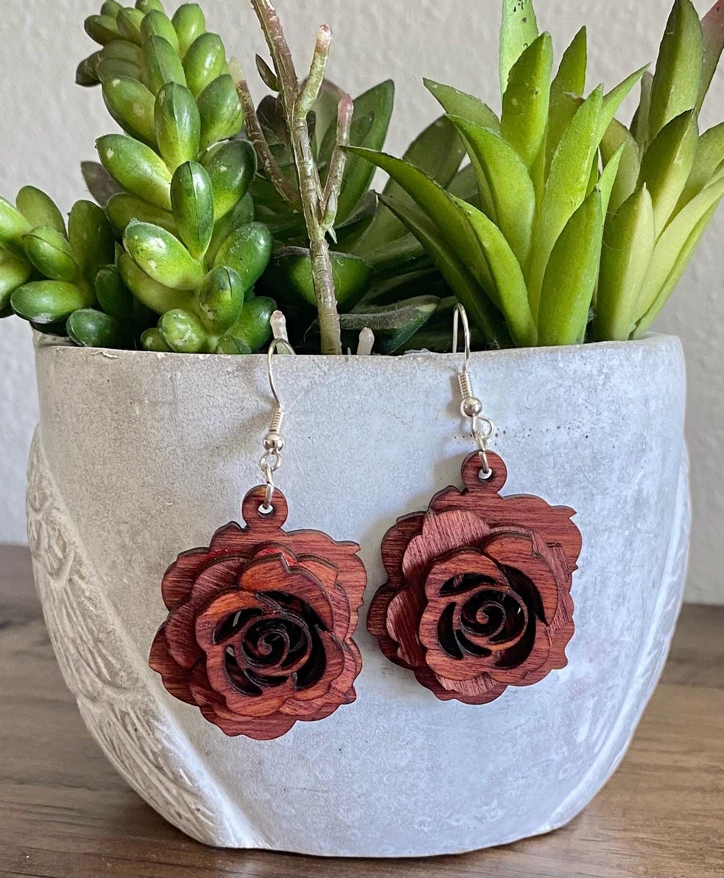 3-Dimensional Birchwood Laser Engraved Rose Floral Handmade Earrings