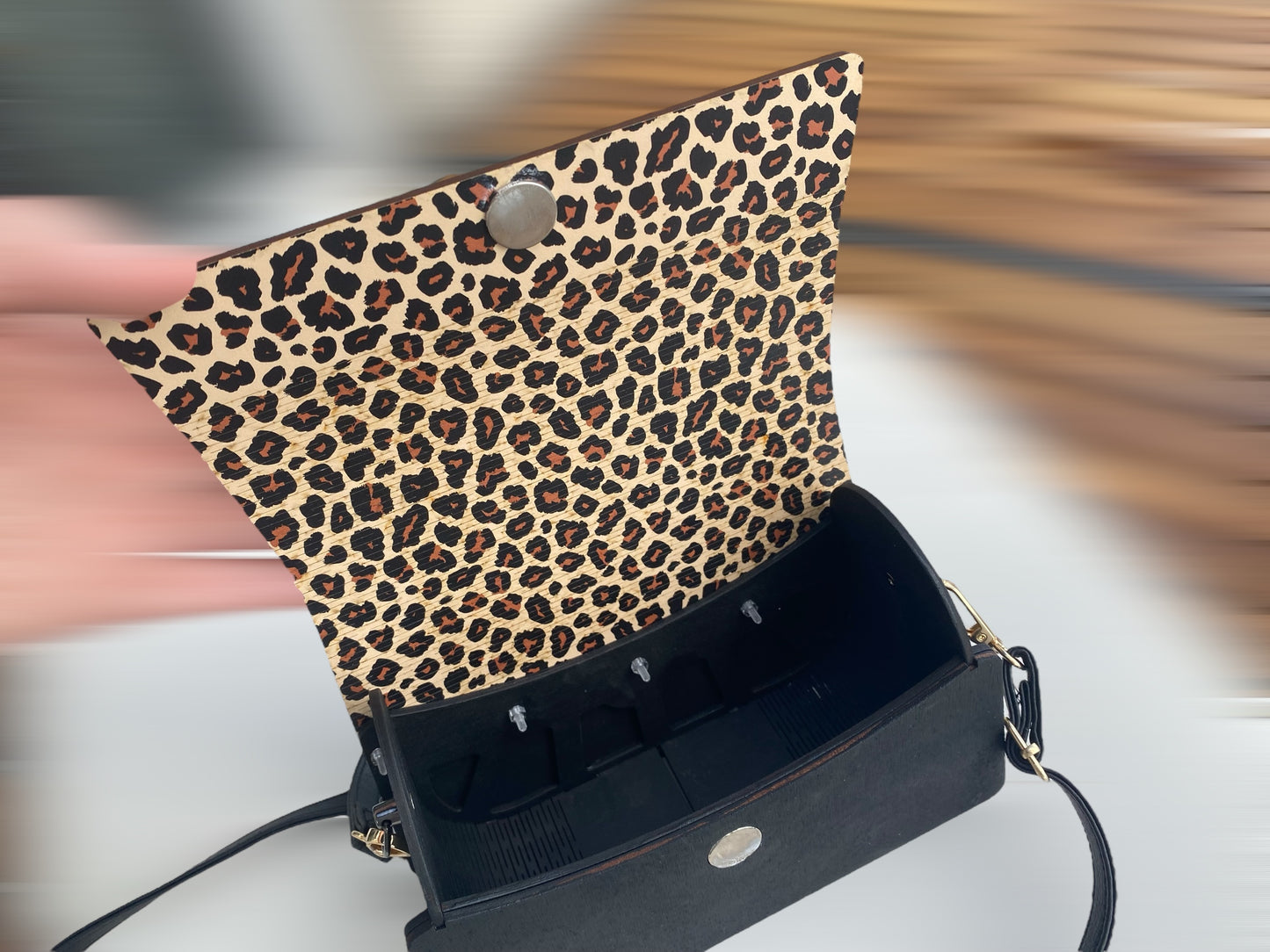 Leopard Print Black and Brown Laser Cut Wooden Handbag