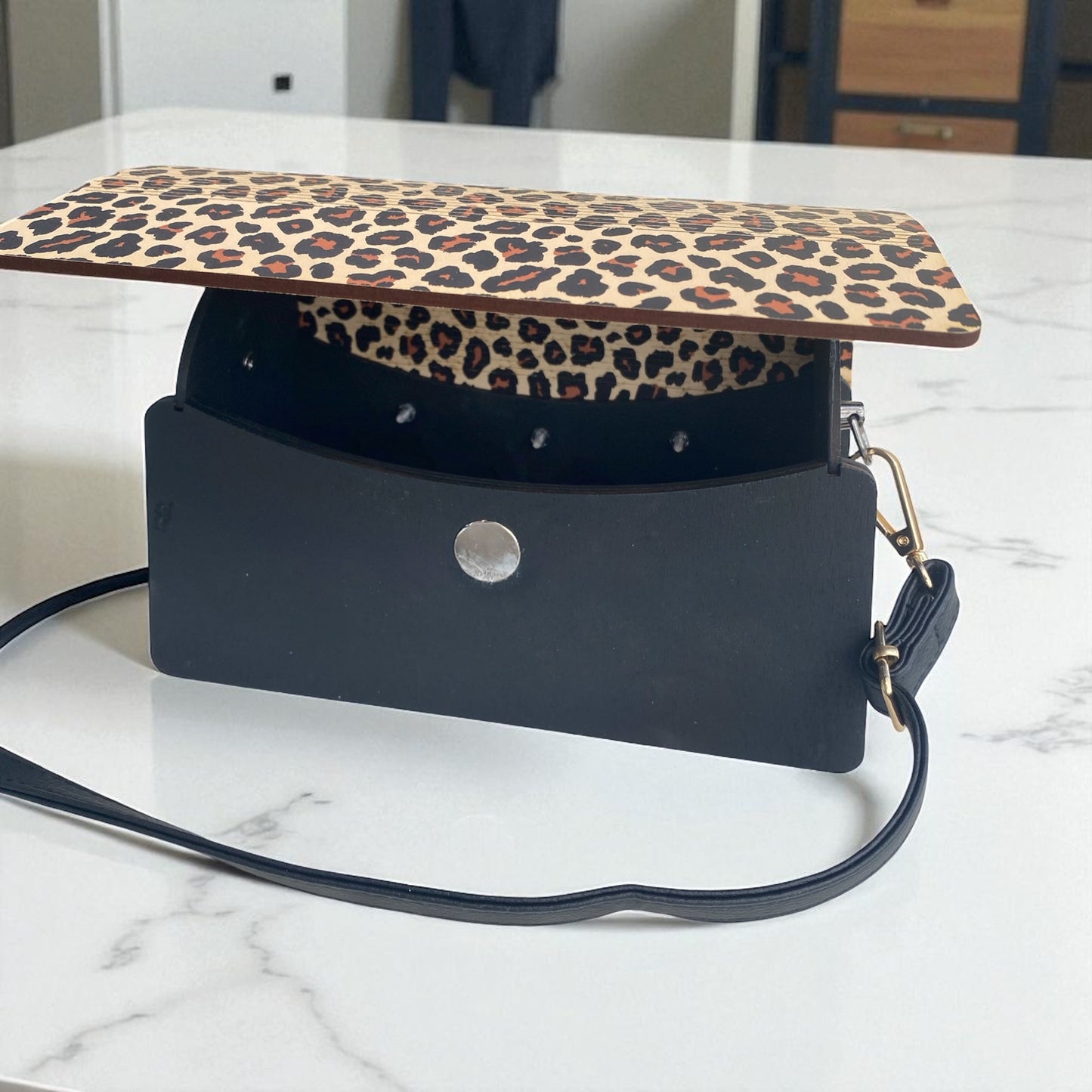 Leopard Print Black and Brown Laser Cut Wooden Handbag