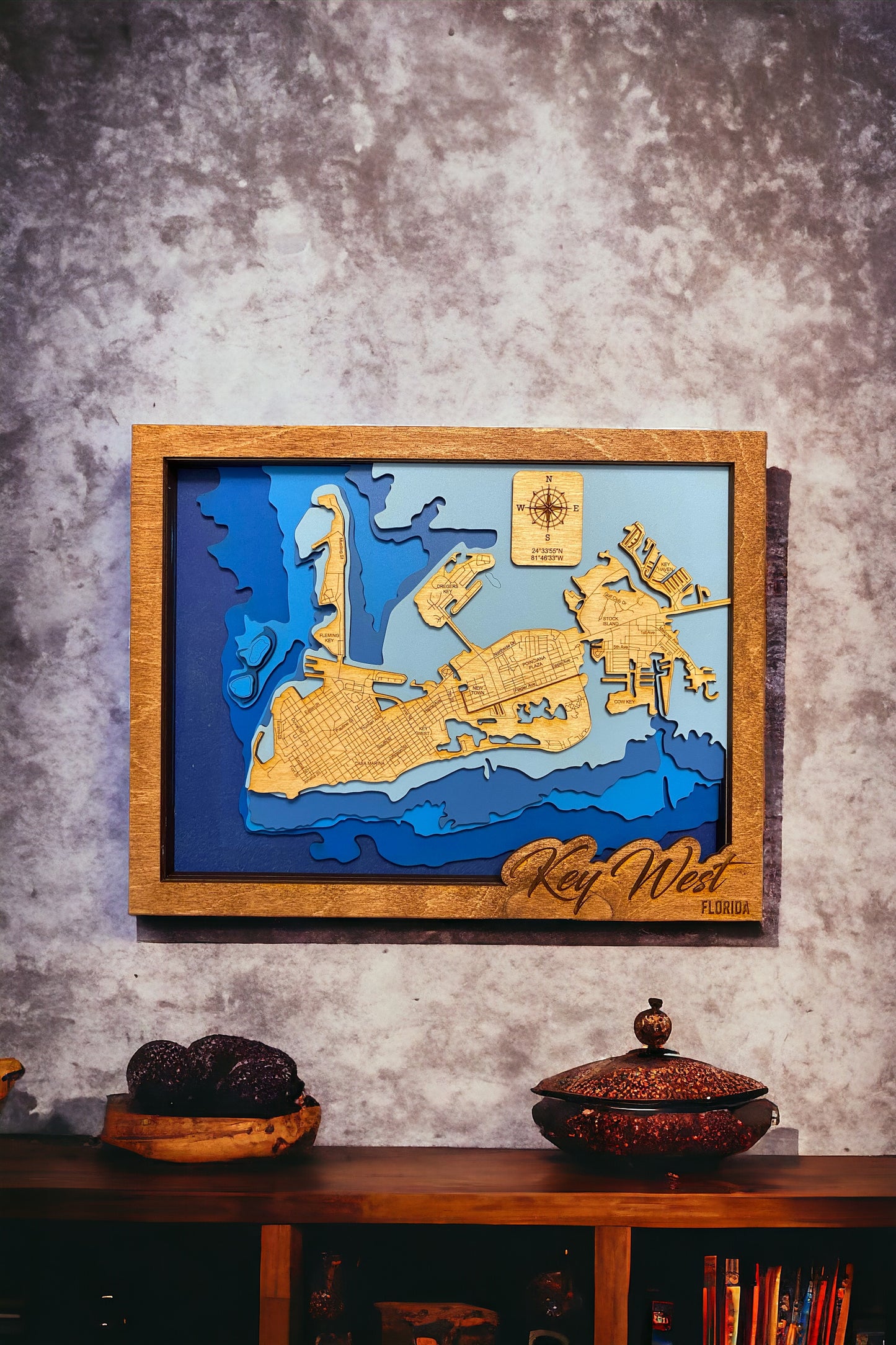 Key West Laser-Cut Birch Wood Map