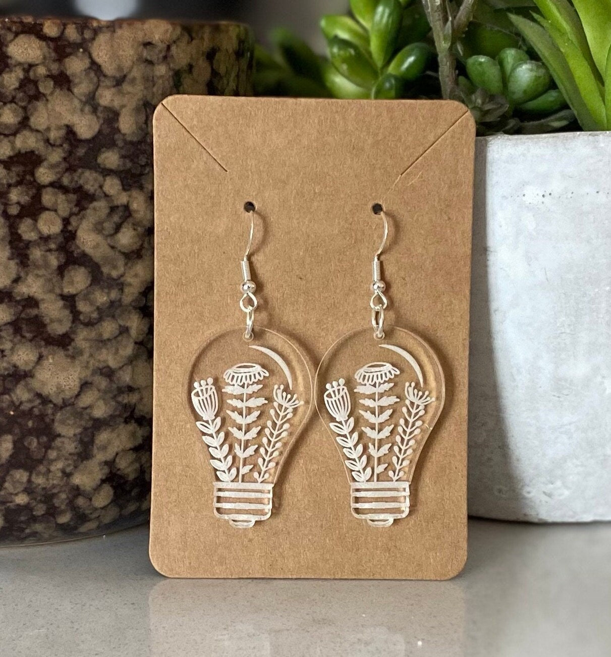 Floral Engraved Clear Acrylic Light Bulb Earrings