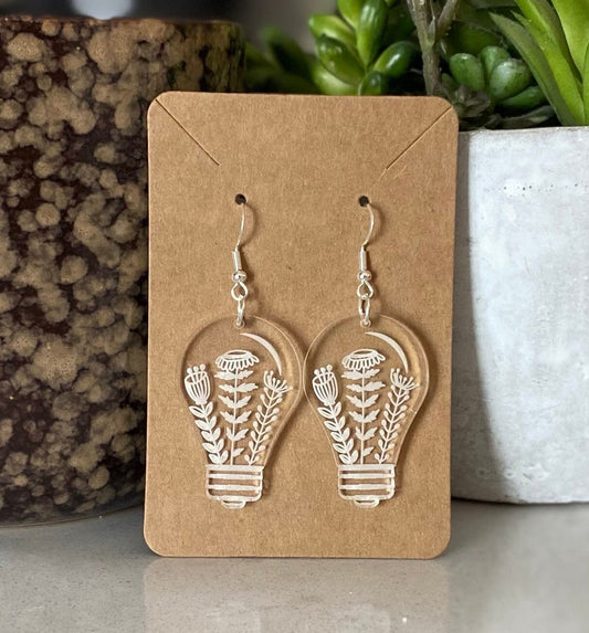 Floral Engraved Clear Acrylic Light Bulb Earrings