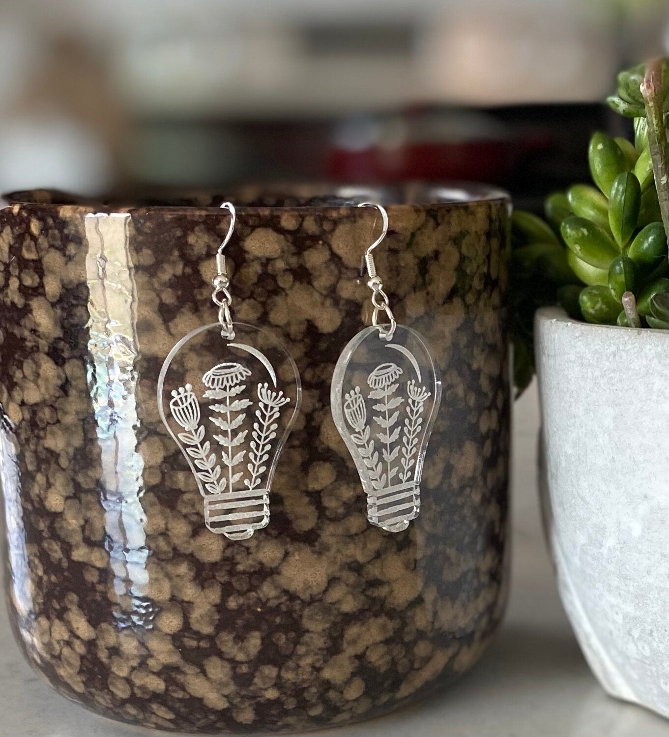 Floral Engraved Clear Acrylic Light Bulb Earrings