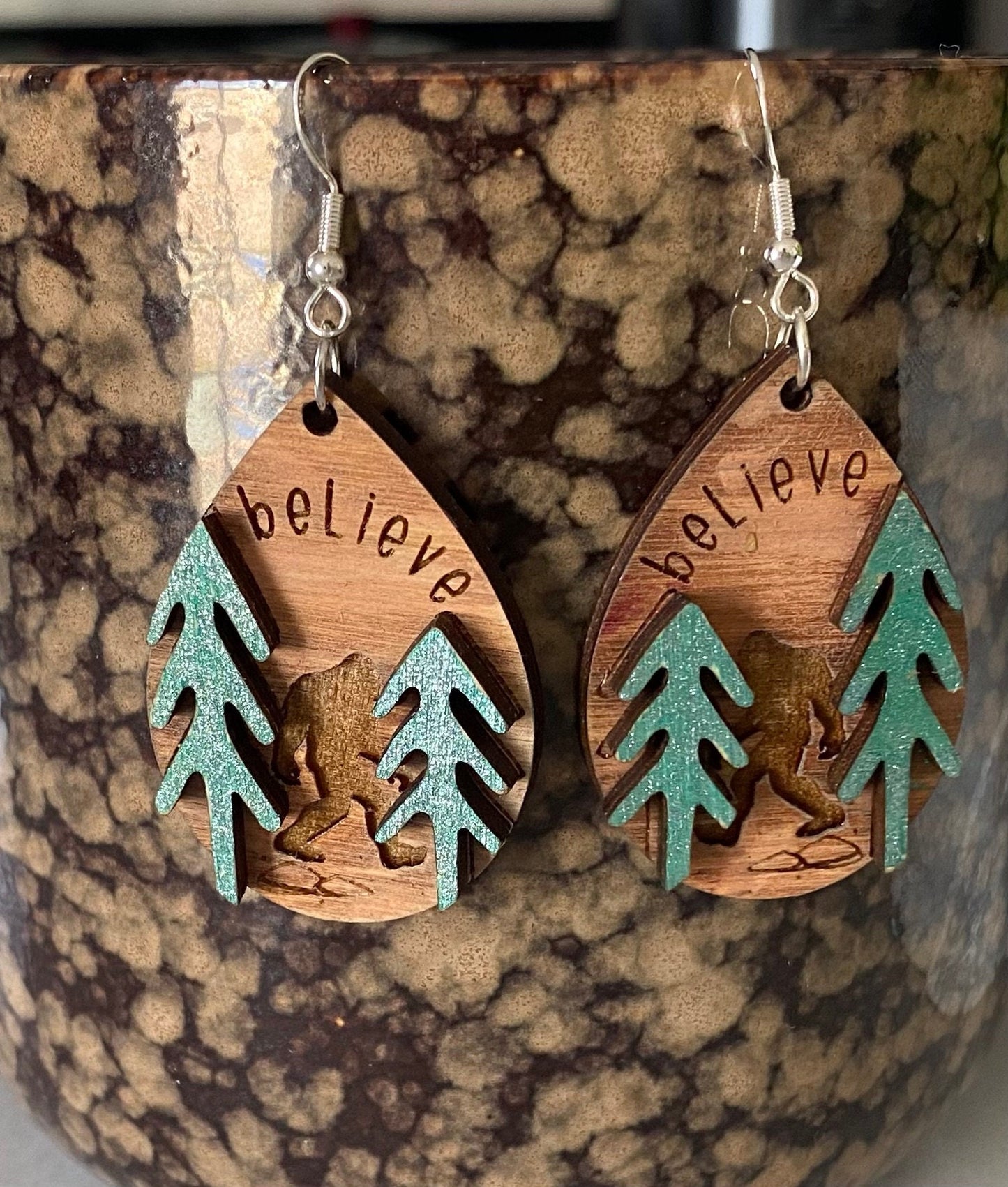 Big Foot Tear Drop Laser Cut and Engraved Earrings