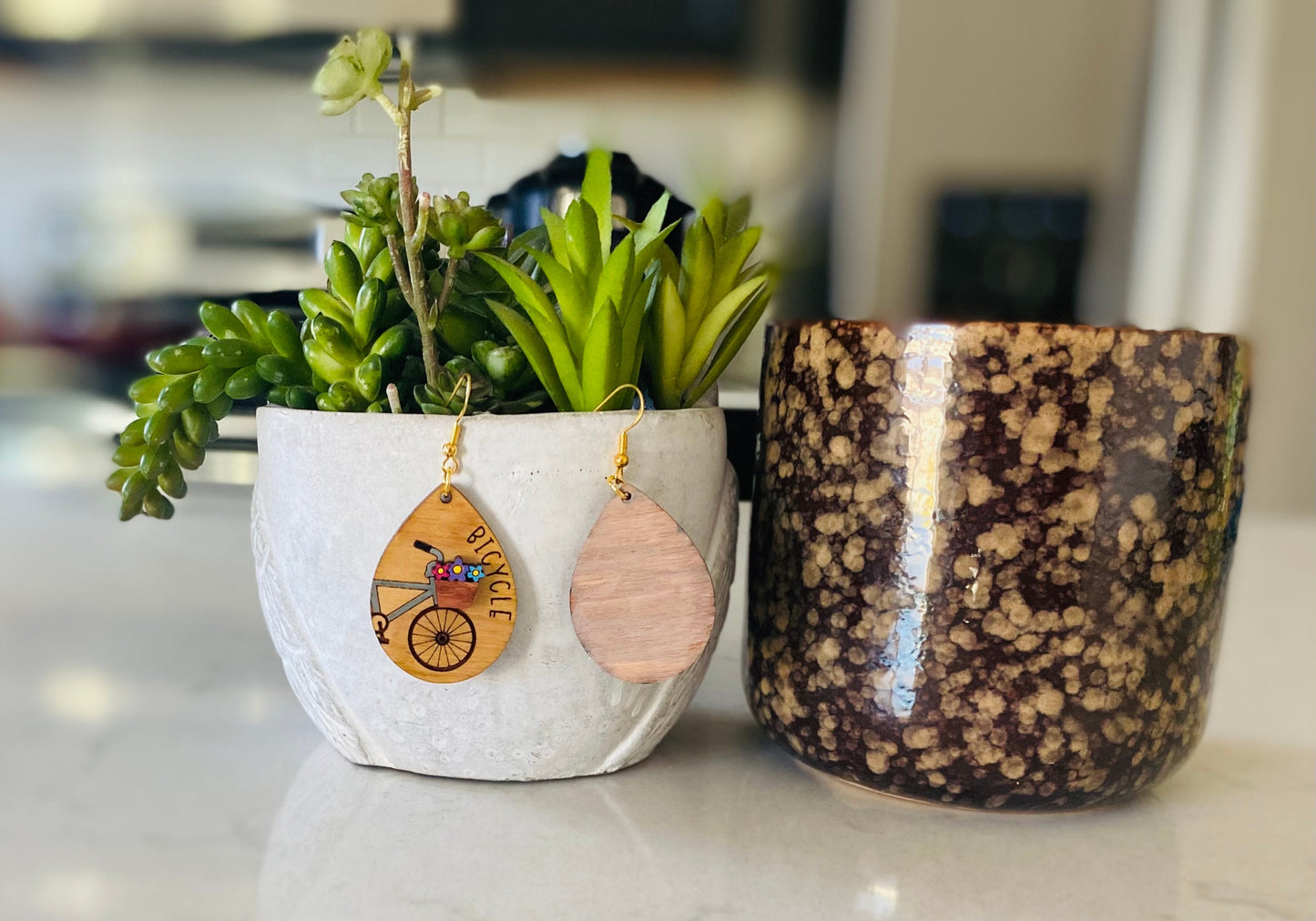 Birchwood Laser Cut Bicycle Spring/Summer Tear Drop Hand Painted Earrings