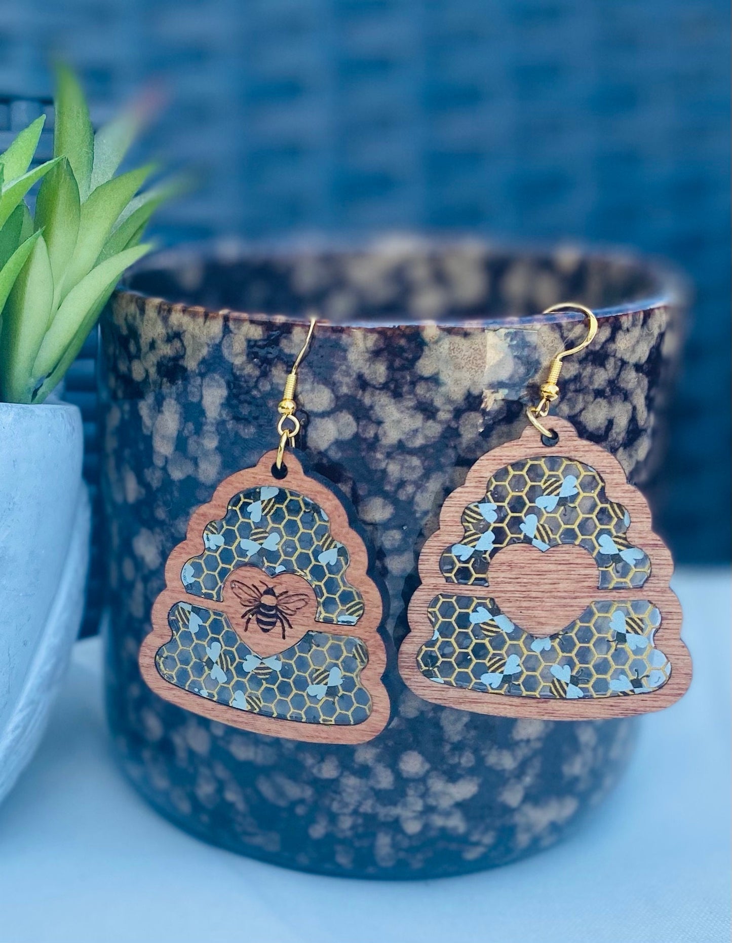 Laser Cut and Engraved Birch Wood Bee Hive Earrings
