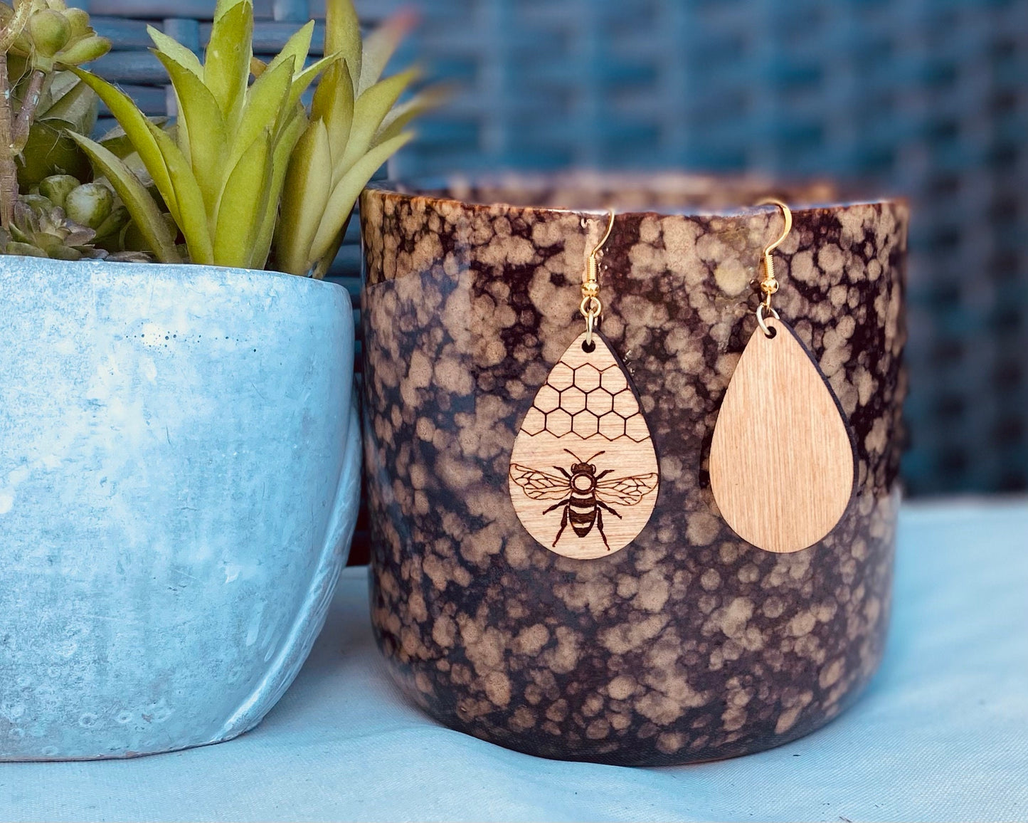 Birchwood Engraved Bee Pecan-Stained Tear Drop Earrings