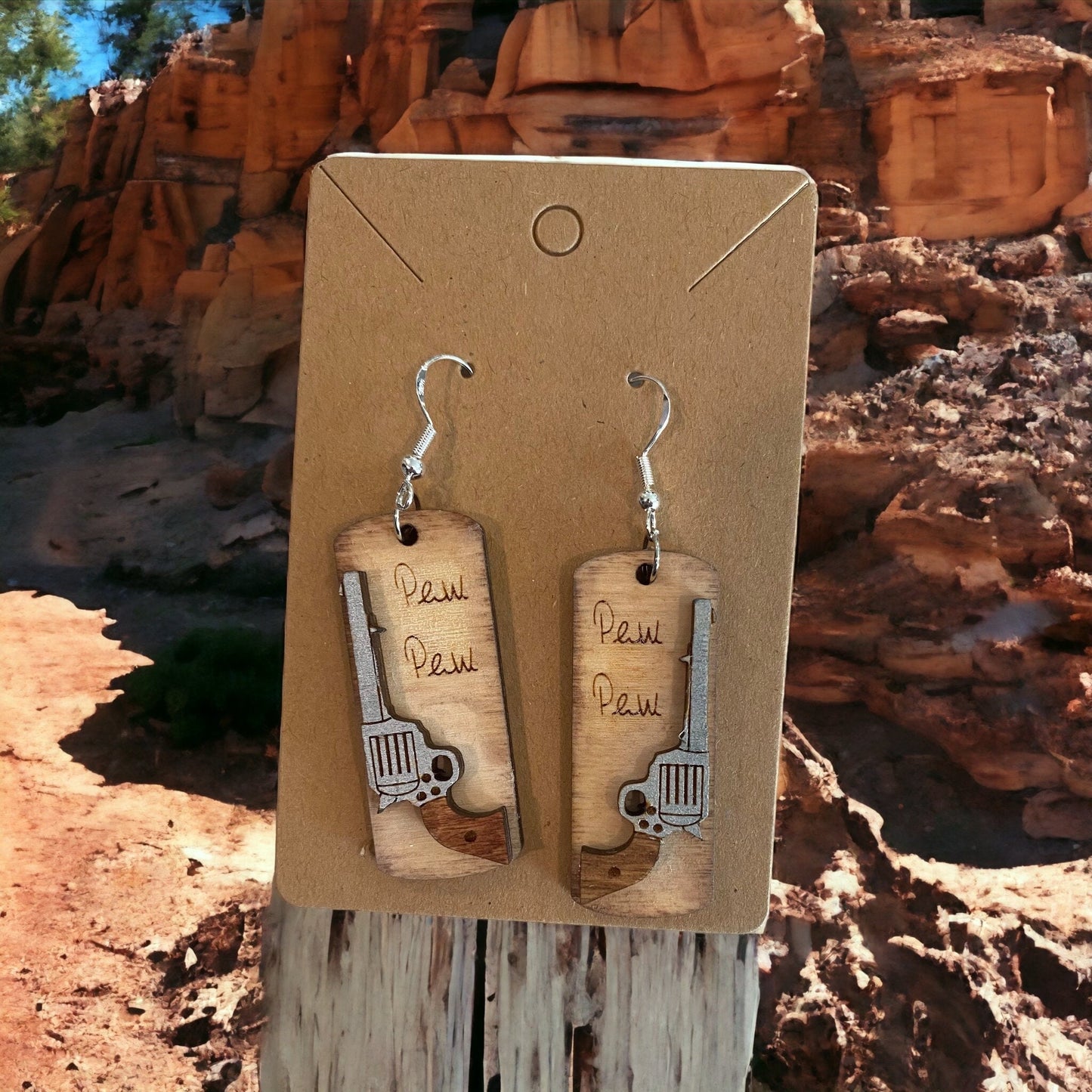 Pistol Pew Pew Birchwood Laser Cut Hand Painted Earrings