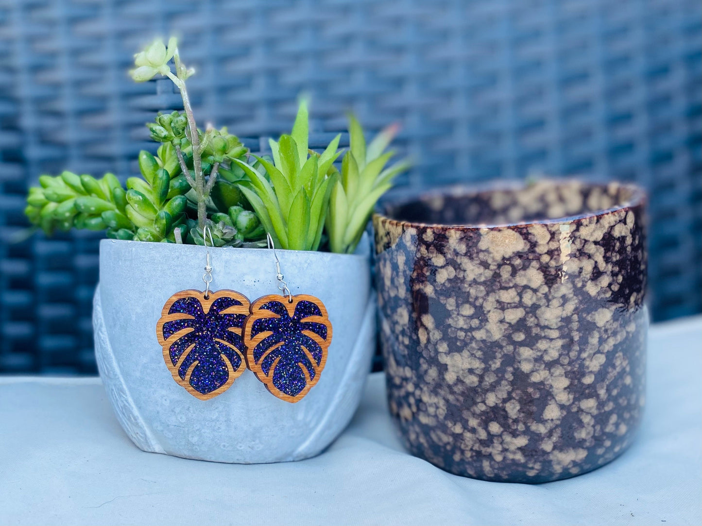 Birch Wood Laser-Cut Earrings with Purple Acrylic Inlay