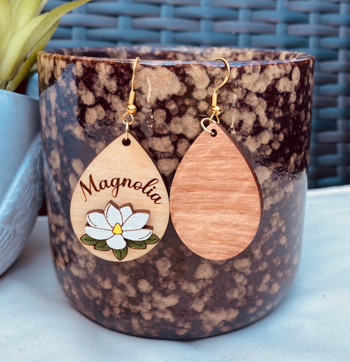 Magnolia Floral Engraved Hand-Painted Earrings