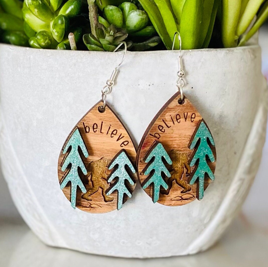Big Foot Tear Drop Laser Cut and Engraved Earrings