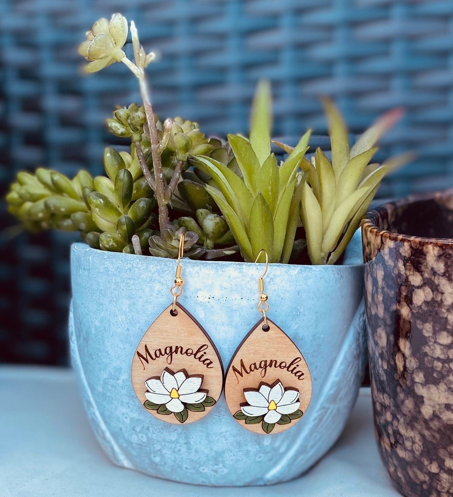 Magnolia Floral Engraved Hand-Painted Earrings