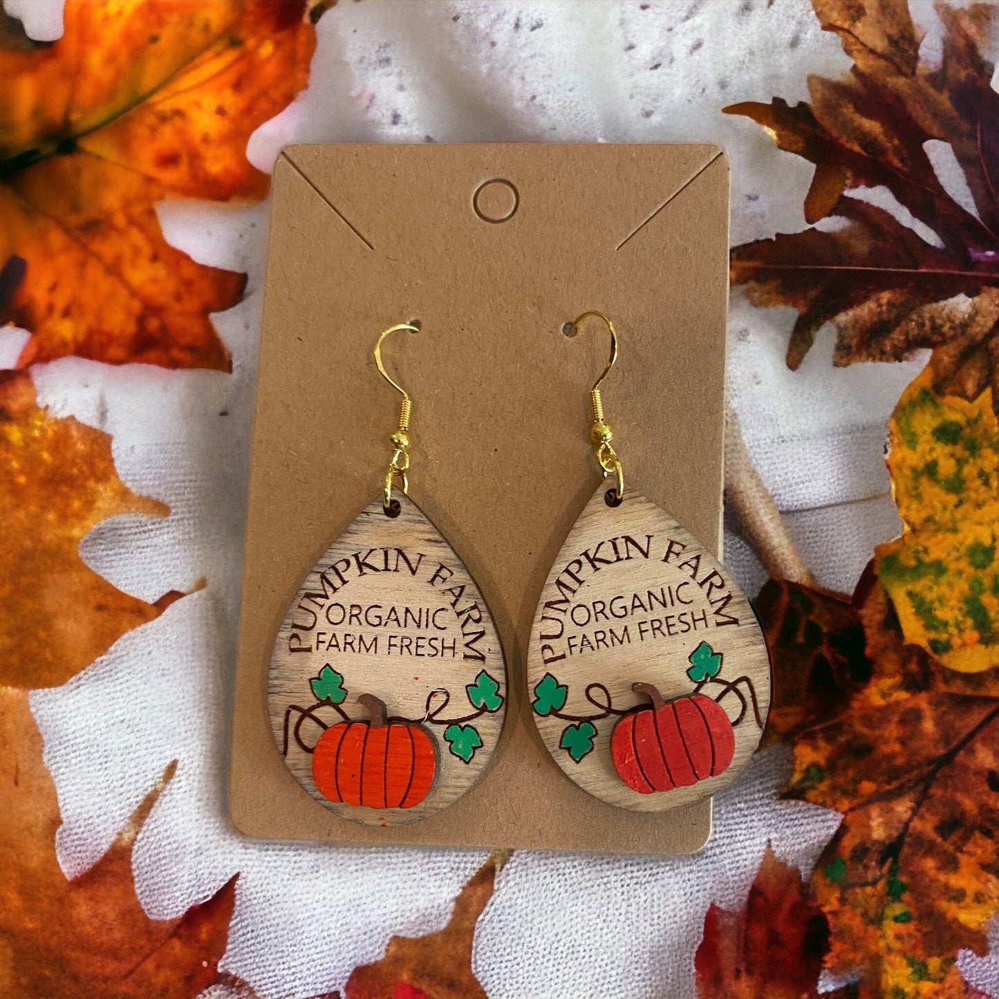 Fall Pumpkin Tear Drop Laser Cut Hand-Painted Earrings