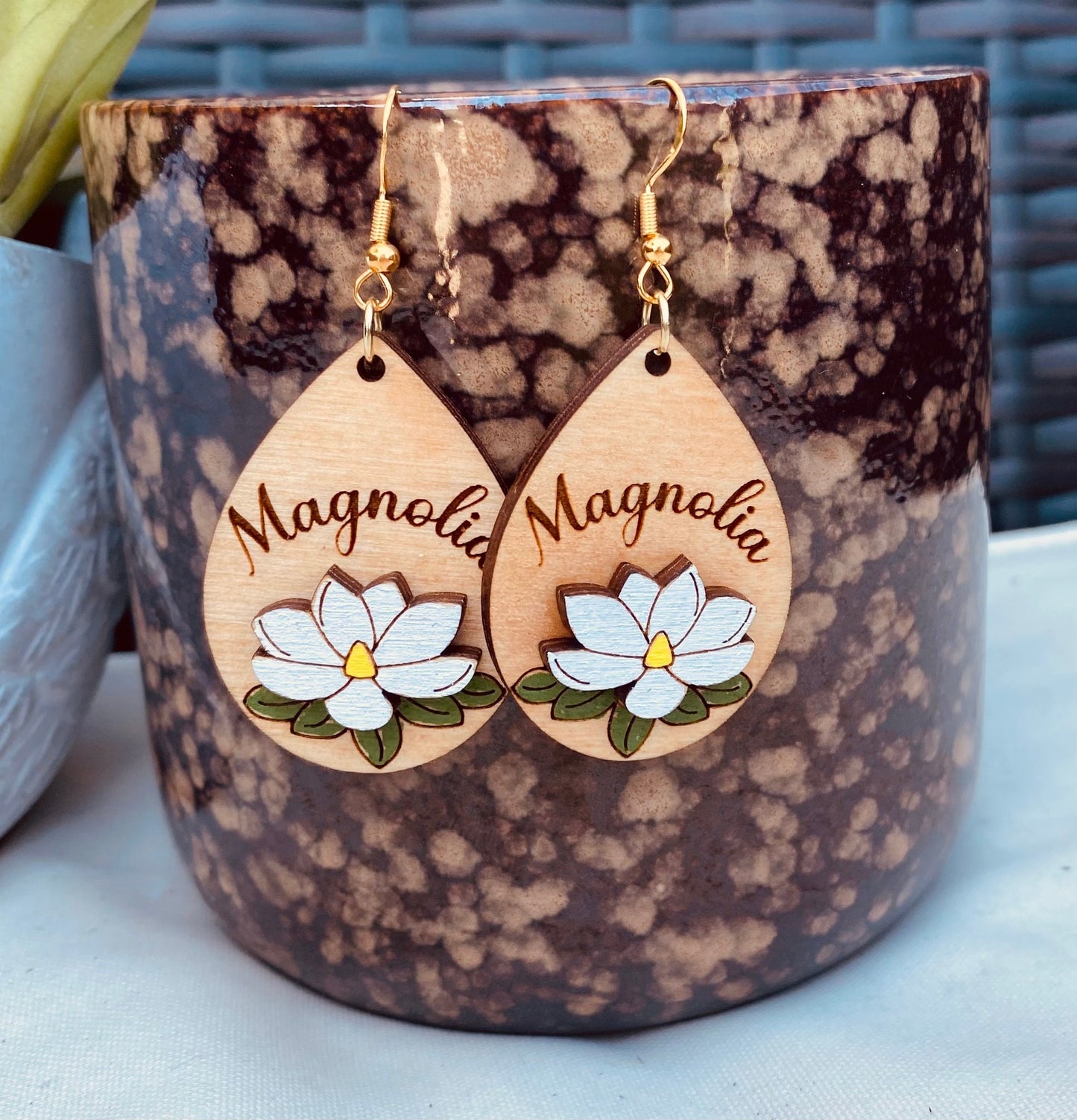 Magnolia Floral Engraved Hand-Painted Earrings