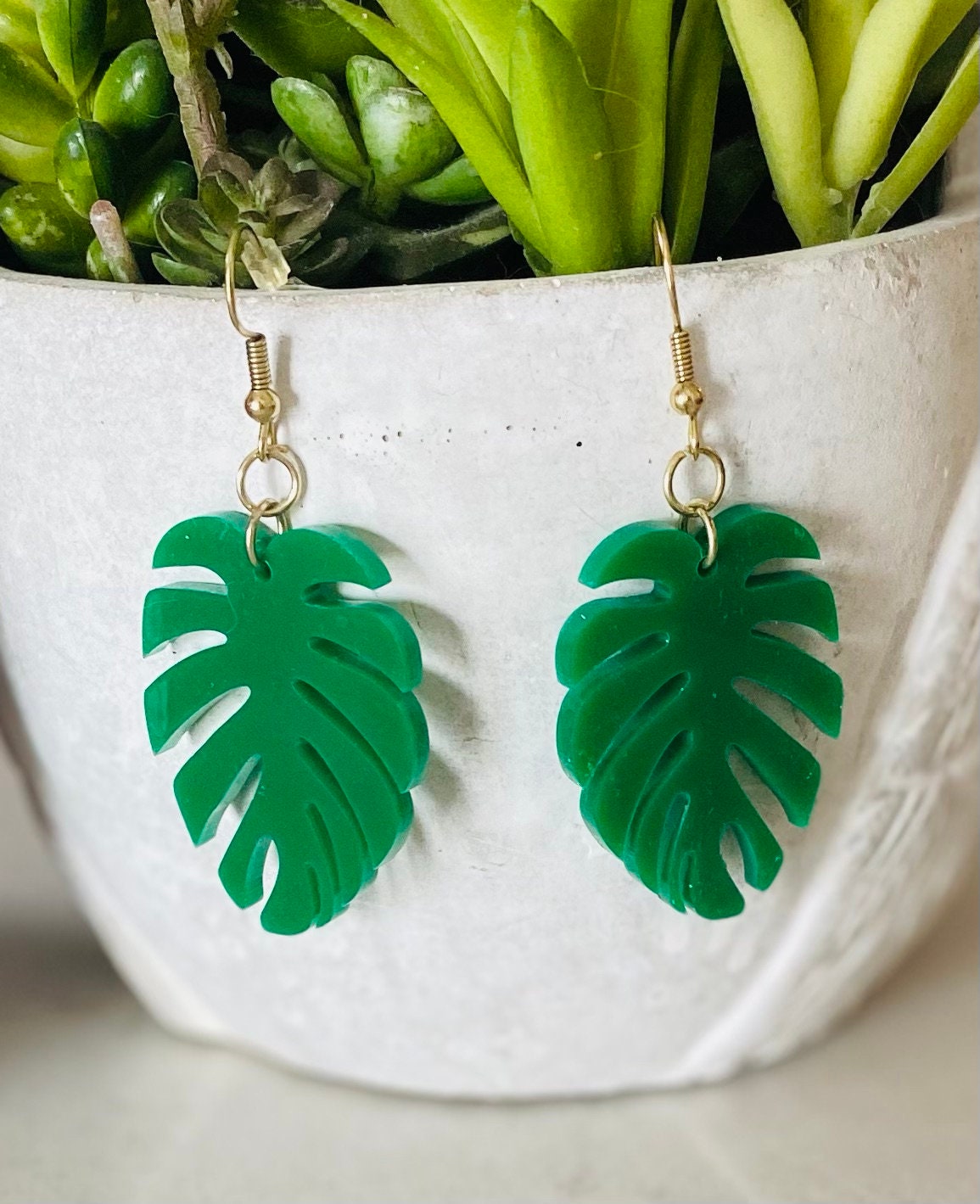 Green Leaf Acrylic Dangle Earrings