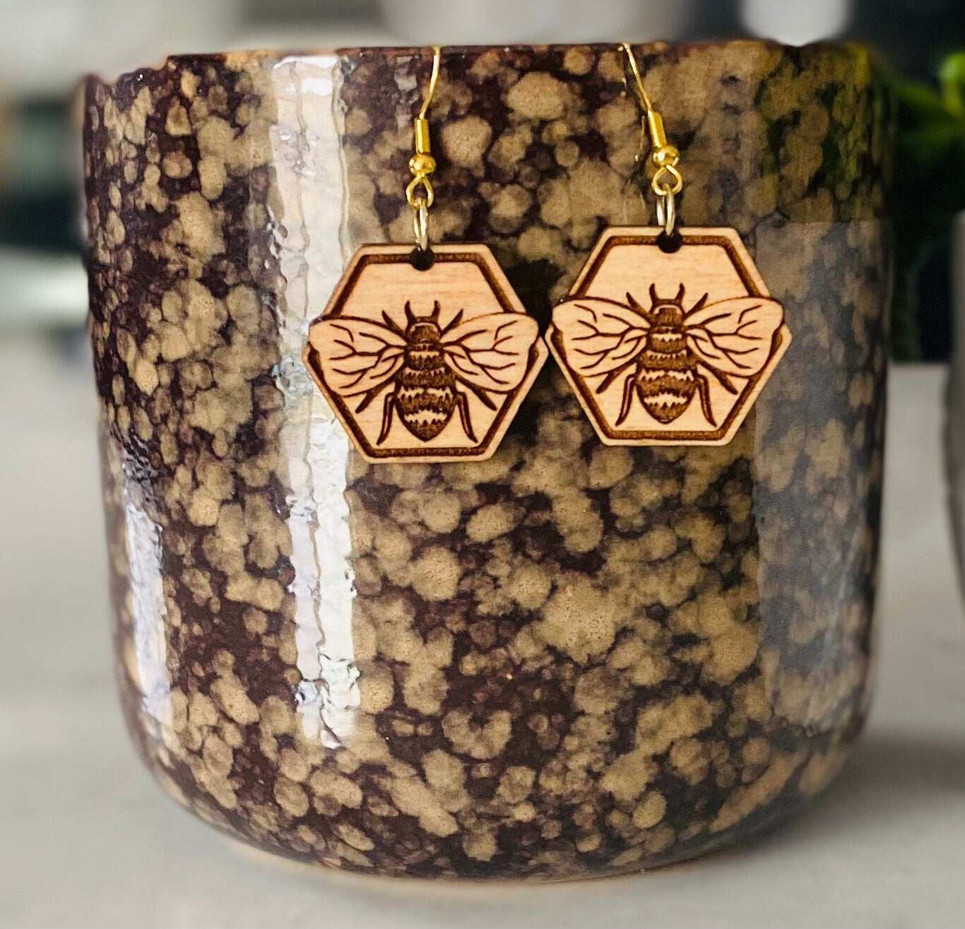 Birchwood Pecan Stained and Laser-Engraved Bee Earrings