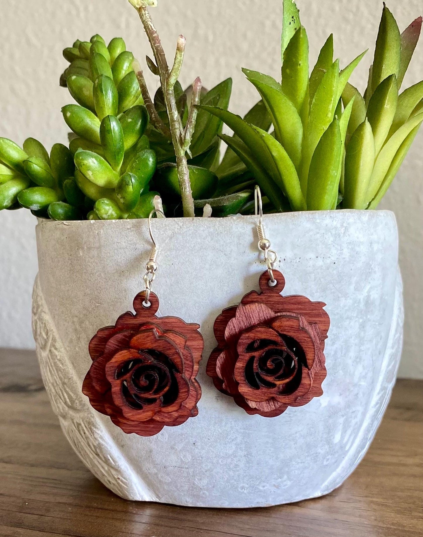 3-Dimensional Birchwood Laser Engraved Rose Floral Handmade Earrings