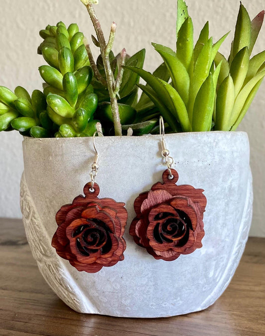 3-Dimensional Birchwood Laser Engraved Rose Floral Handmade Earrings