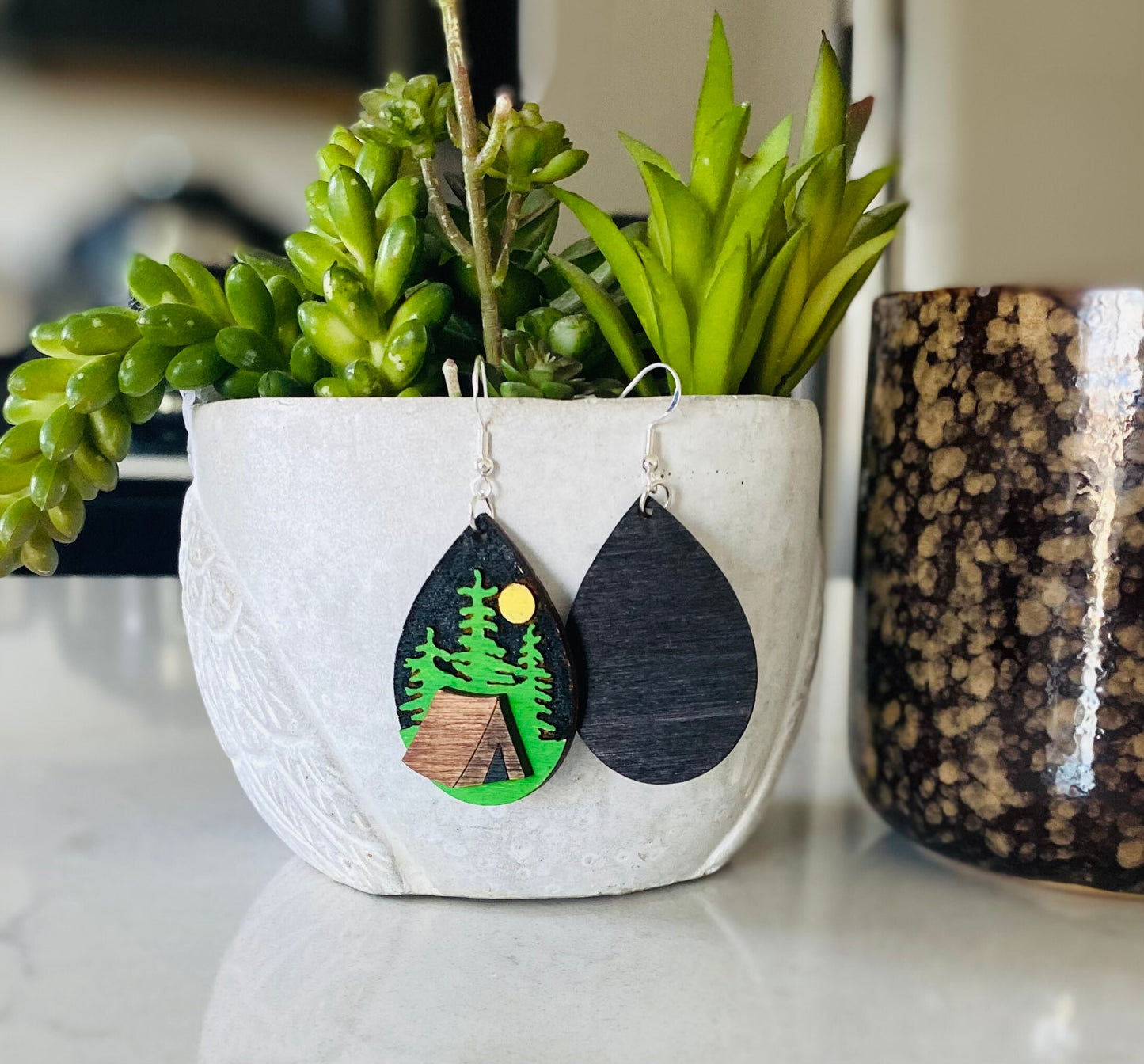 Laser Cut Tear Drop Hand-Painted Birchwood Earrings- Camping, Starry Night, Nature, Sparkling Night