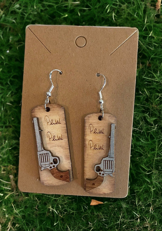 Pistol Pew Pew Birchwood Laser Cut Hand Painted Earrings